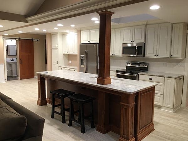 White Cabinets and Brown Island in Kitchen Remodel Schaumburg